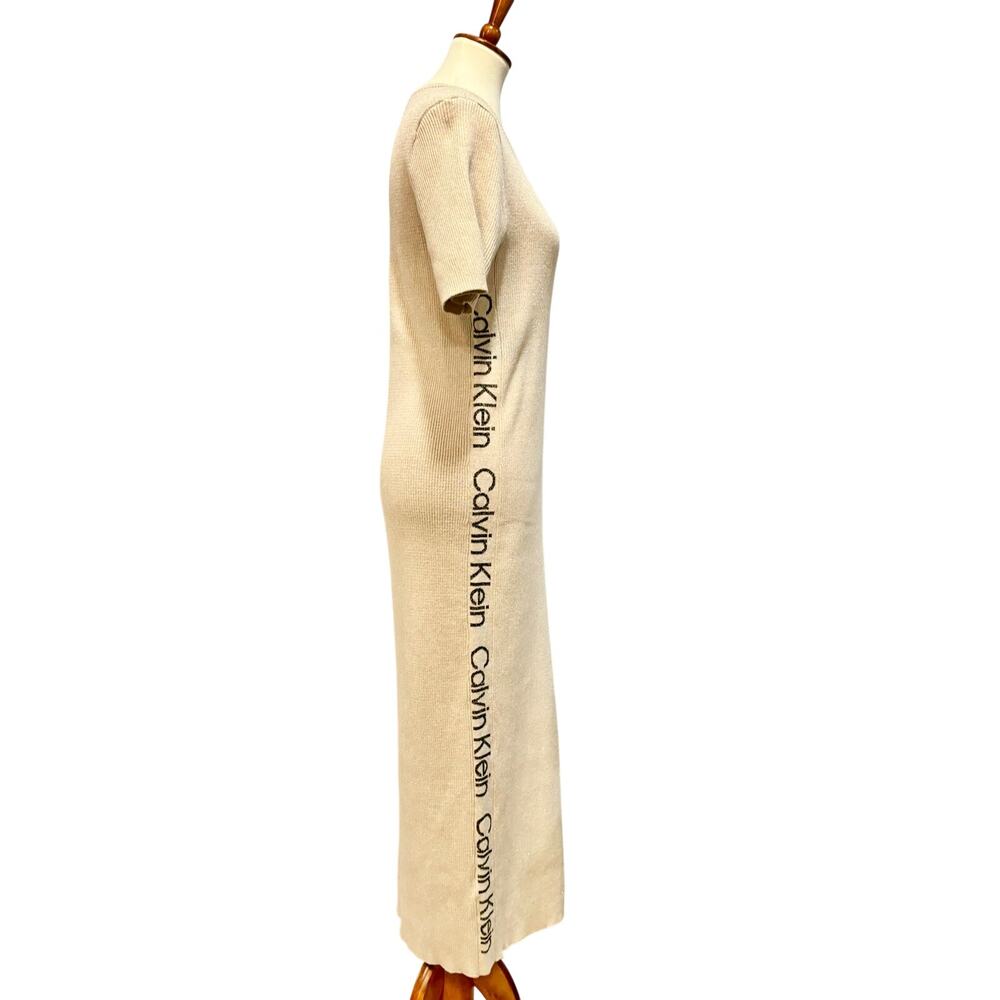 Calvin Klein Beige Ribbed Knit Bodycon Midi Dress Sheath Neutral Glitter XL